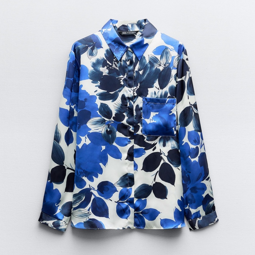 NWT ZARA Floral Blue and White Button-Up Shirt